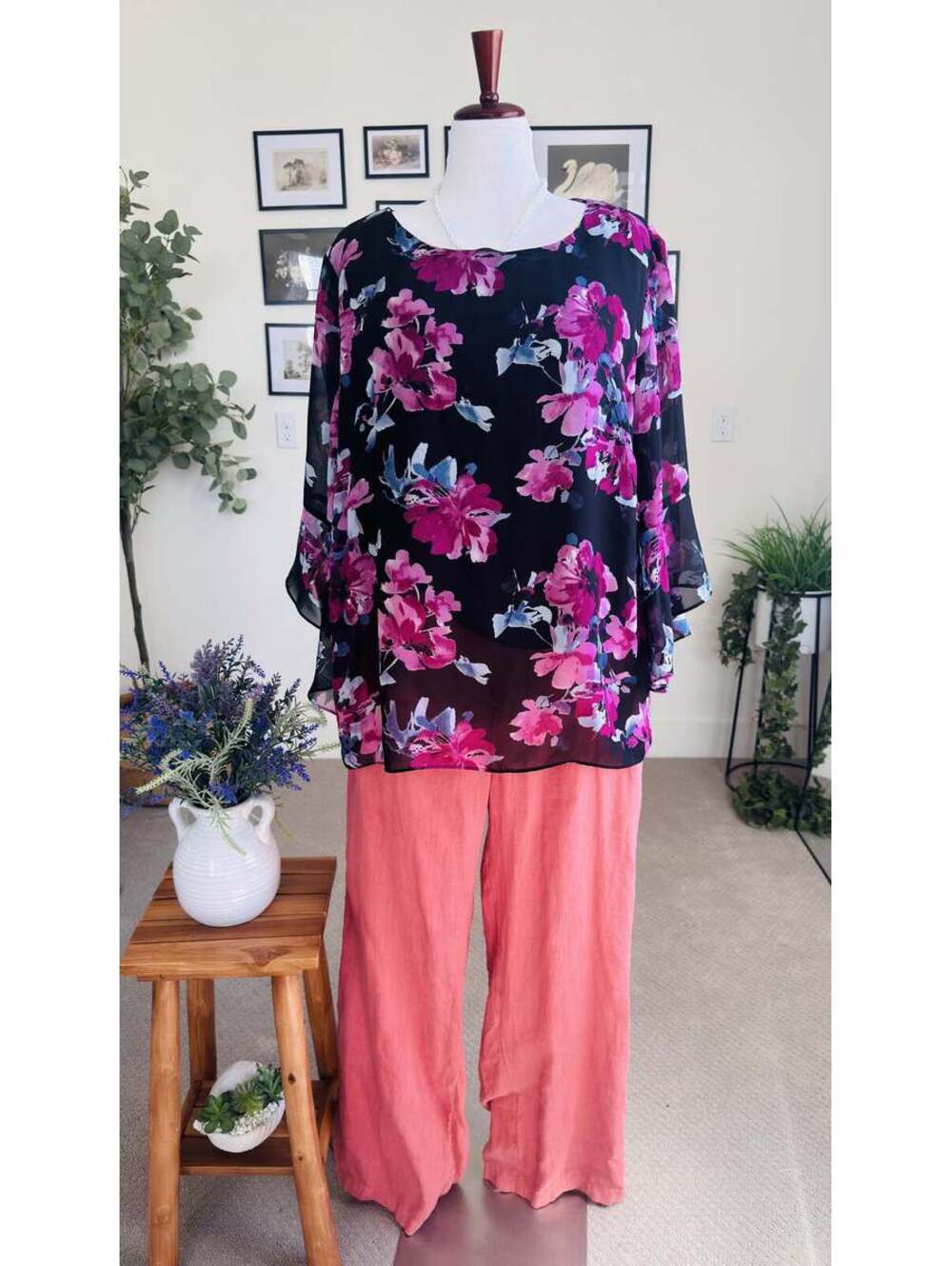 Kasper Floral Chiffon Bell Sleeve Blouse Size 3X